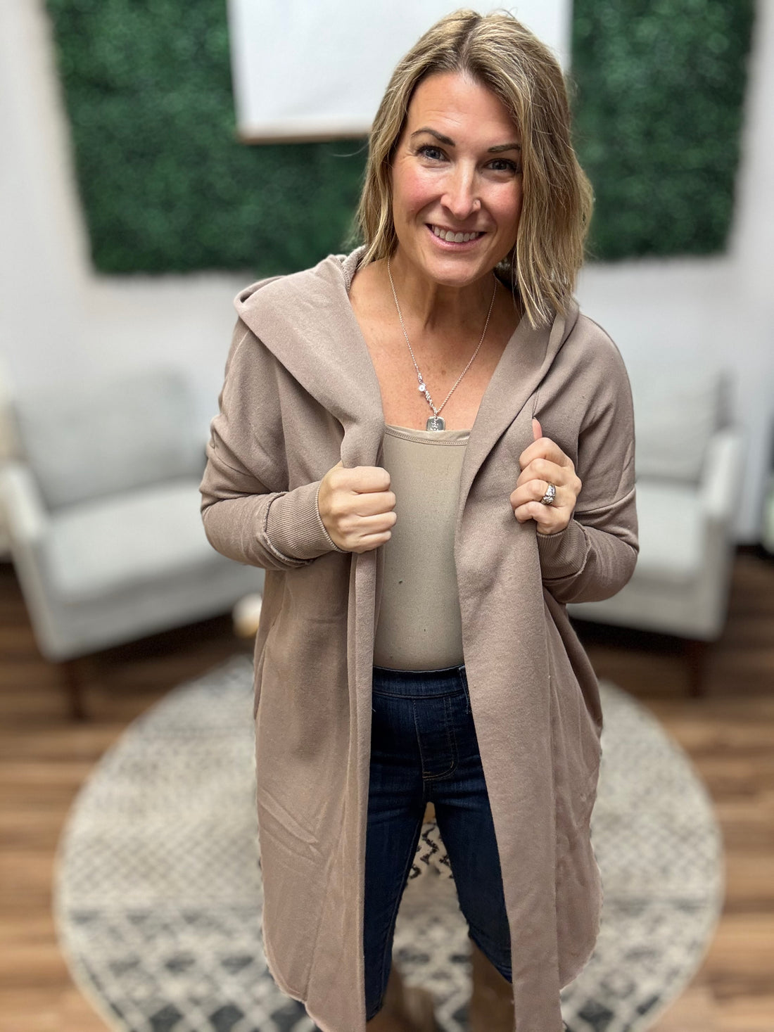 Open Front Longline Cardigan with Hoodie - Taupe