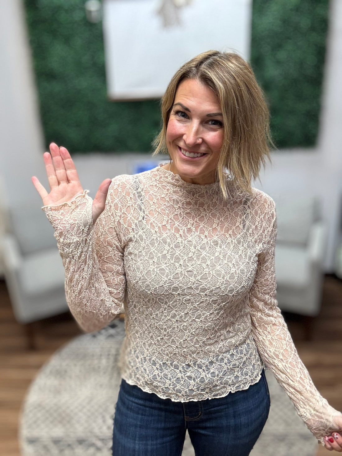 Jolie Lace Thumbhole Top - Beige