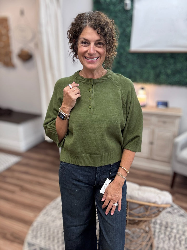 Buttoned Up Short Sleeve Sweater - Olive