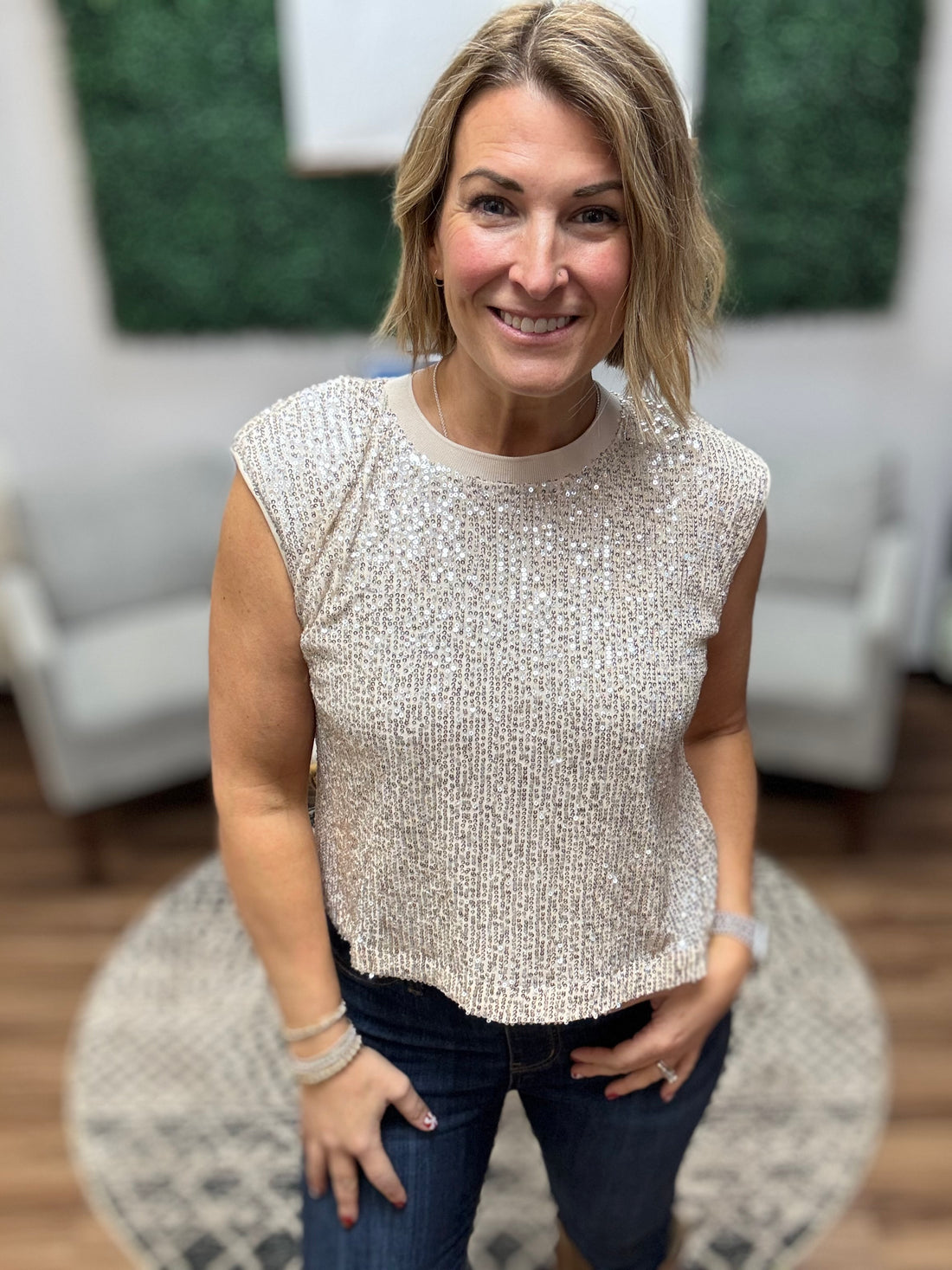 Sequin Bubble Muscle Tank - Champagne