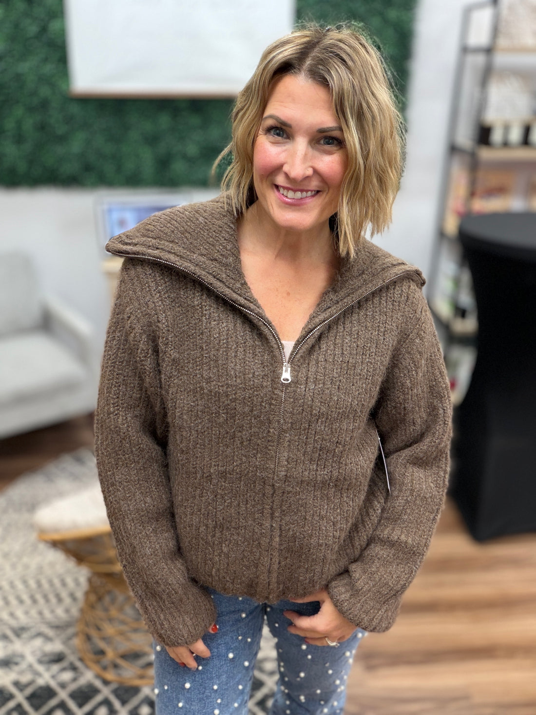 High Neck Full Zip Sweater - Brown