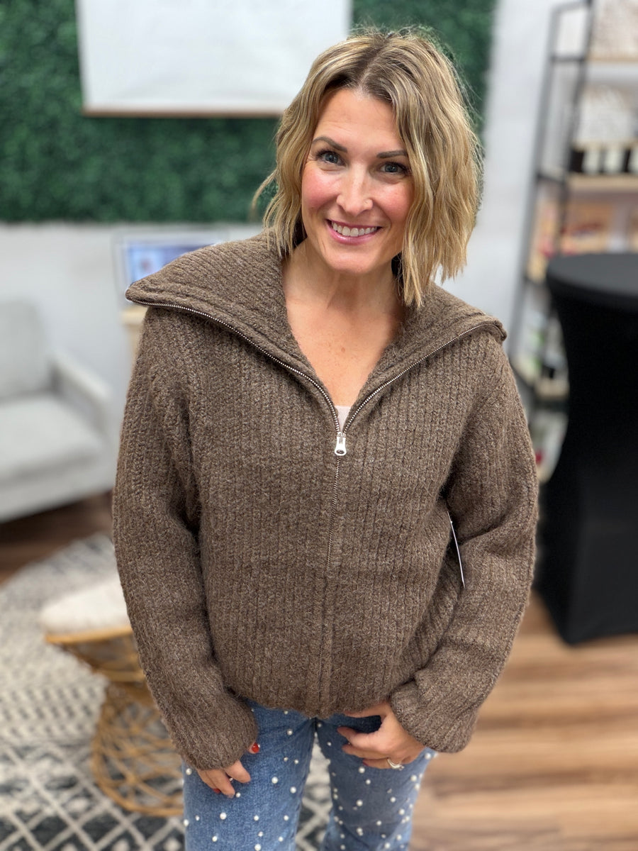 High Neck Full Zip Sweater - Brown