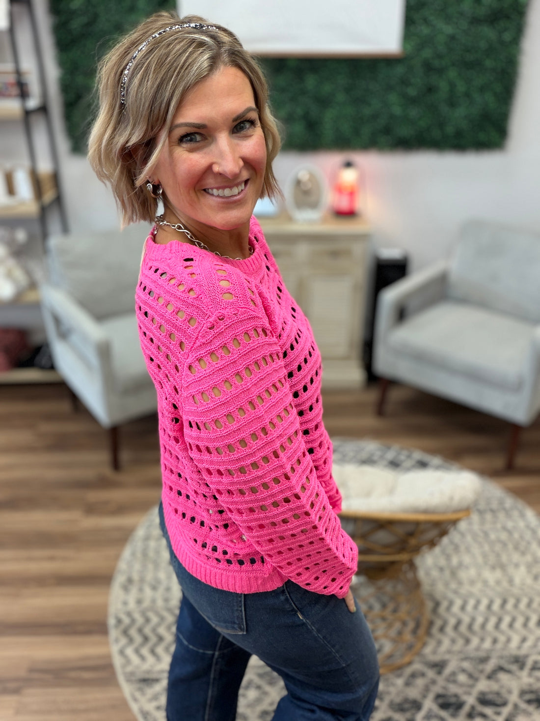 Round Neck Open Gauge Sweater - Hot Pink