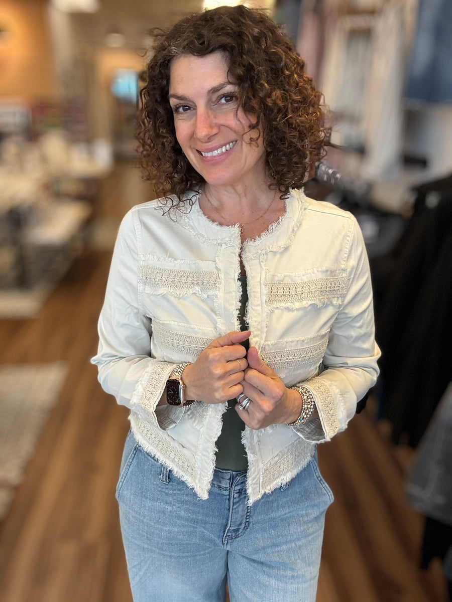 Liverpool - Collarless Jacket with Fray & Lace