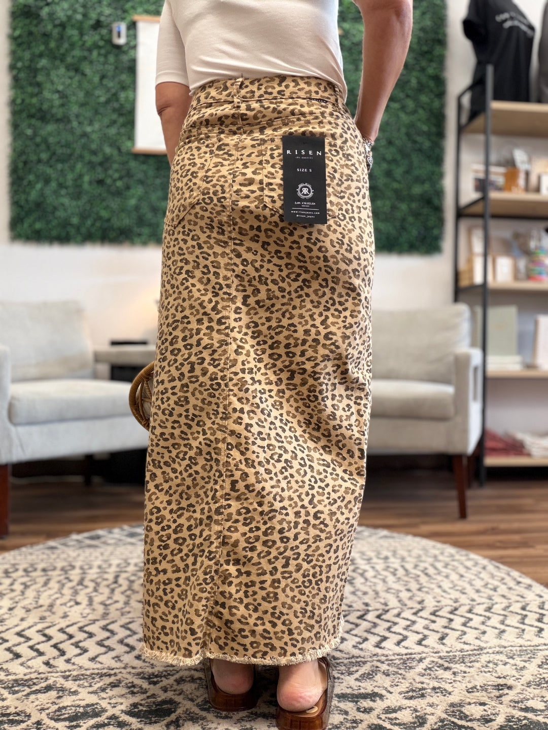 Risen - Leopard Print Denim Maxi Skirt