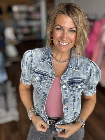 Jocelyn - Puff Sleeve Cropped Denim Jacket - Acid Wash