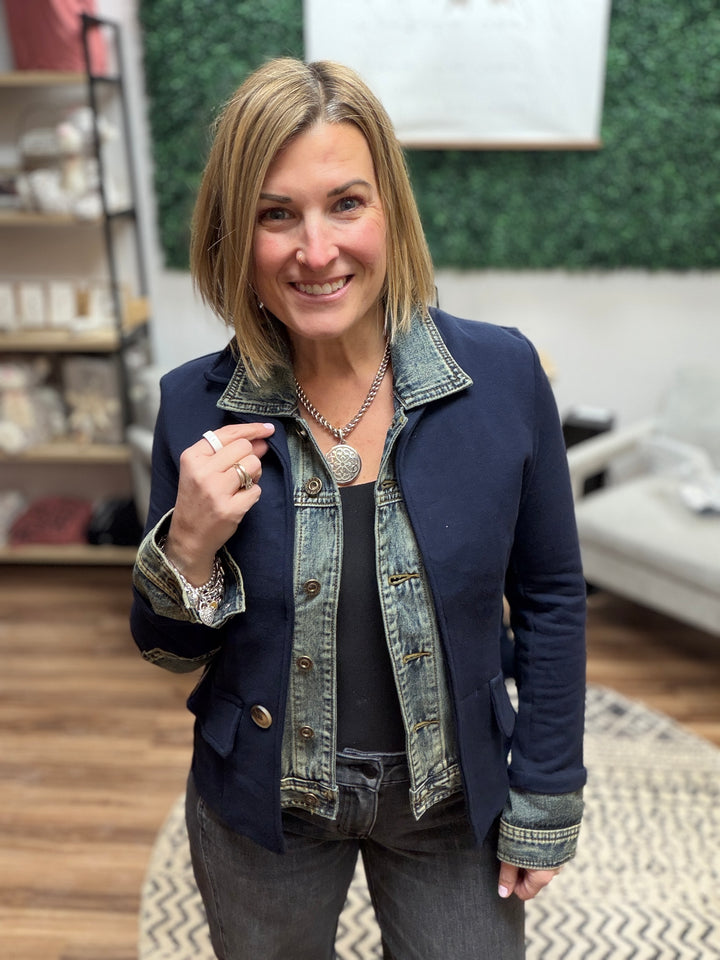 Clarissa - Mixed Media Jacket - Navy
