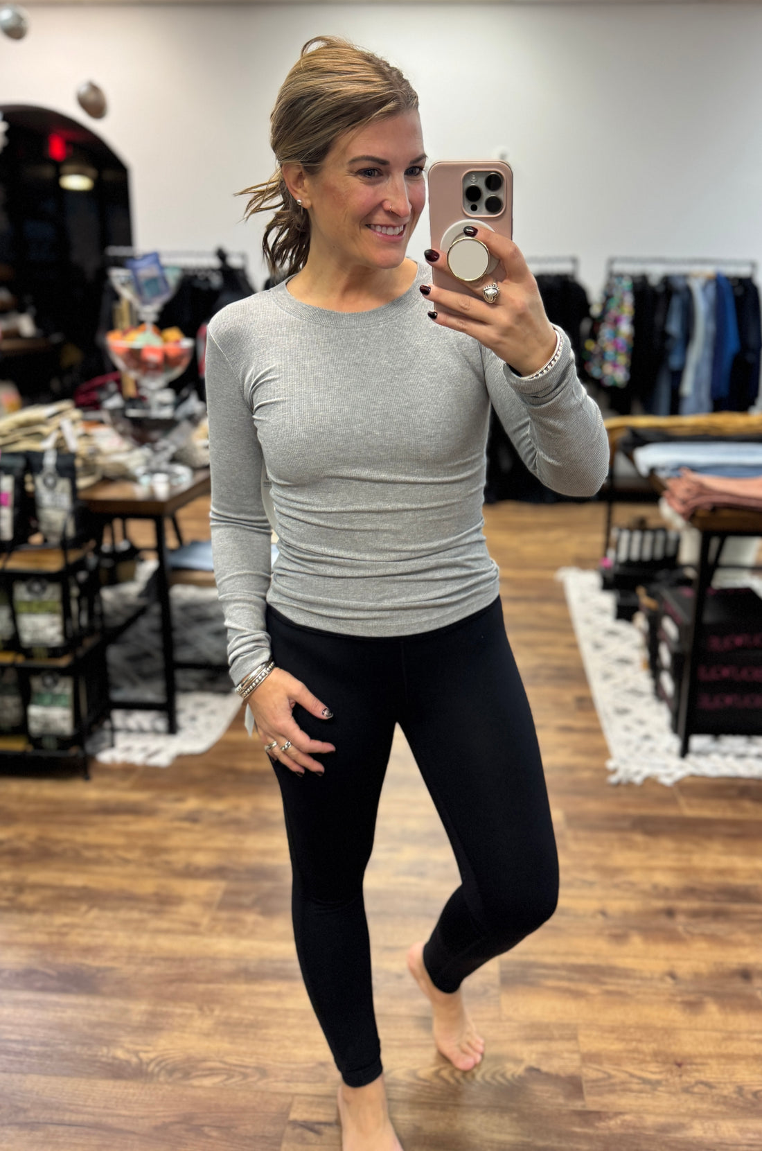 Essential Long-Sleeved Micro-Ribbed Athleisure Top - Heather Grey