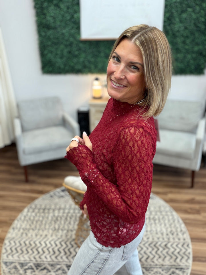 Jolie Lace Thumbhole Top - Crimson Red