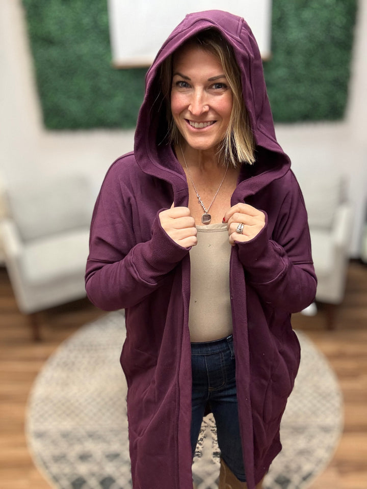 Open Front Longline Cardigan with Hoodie - Plum
