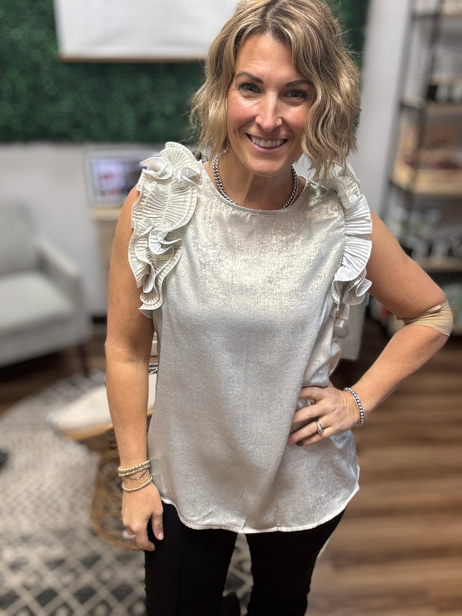 Pleated Ruffle Trim Metallic Top - Champagne