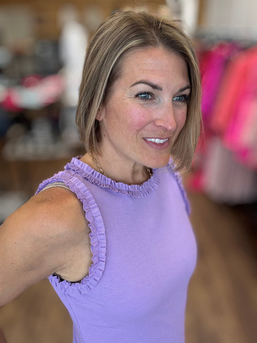 Ribbed Tank with Ruffle Detail - Lavender