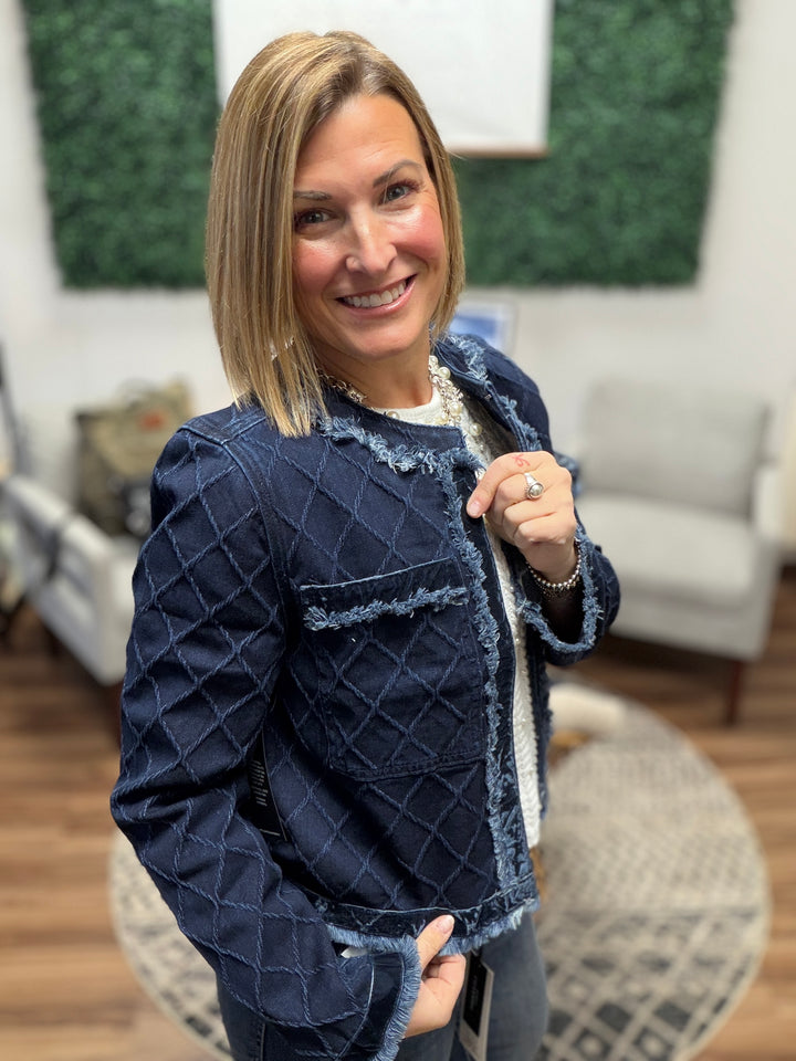 Liverpool - Collarless Fray Edge Jacket w/Velvet Trim