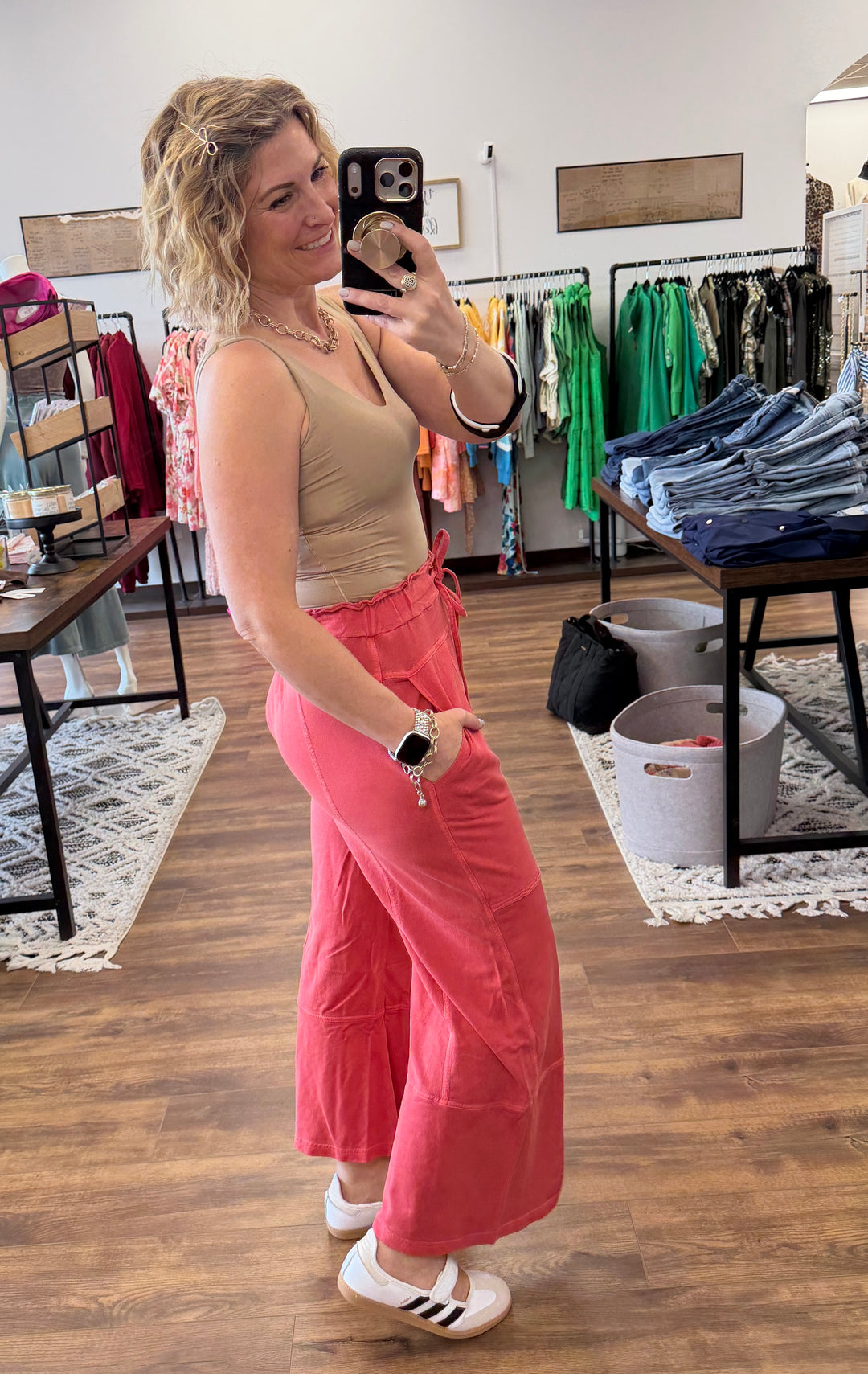 Washed Terry Wide Leg Pants - Vintage Red