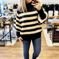 Striped Sweater with Balloon Sleeves - Black