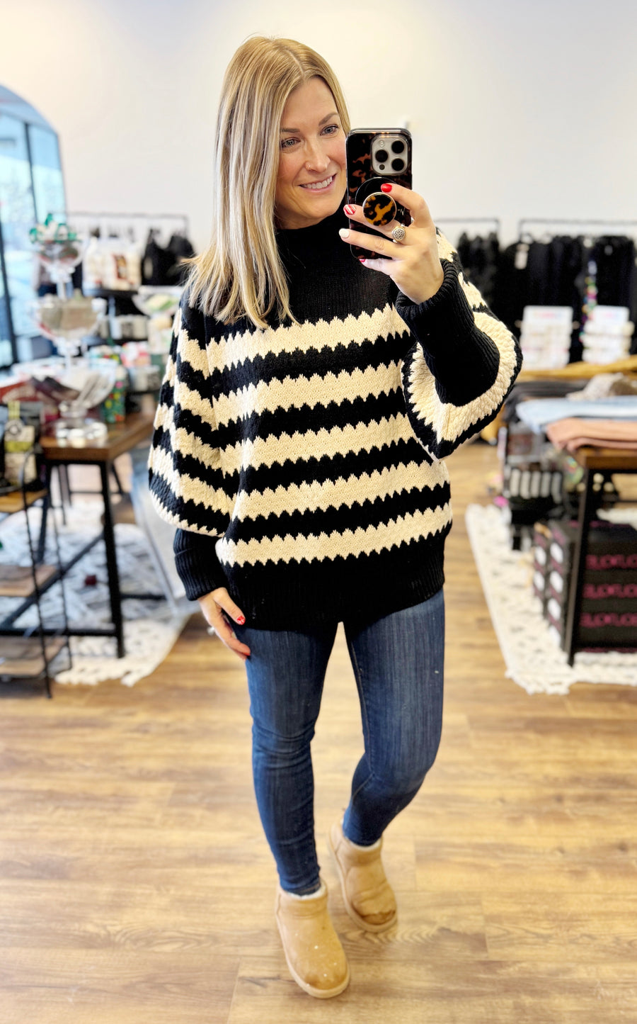 Striped Sweater with Balloon Sleeves - Black