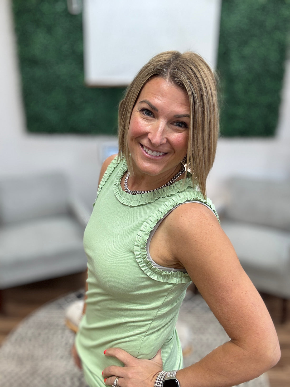 Ribbed Tank with Ruffle Detail - Light Sage