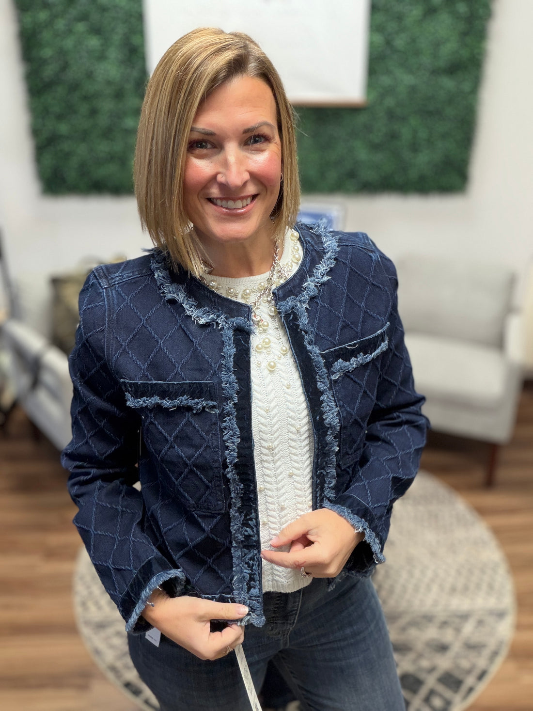 Liverpool - Collarless Fray Edge Jacket w/Velvet Trim