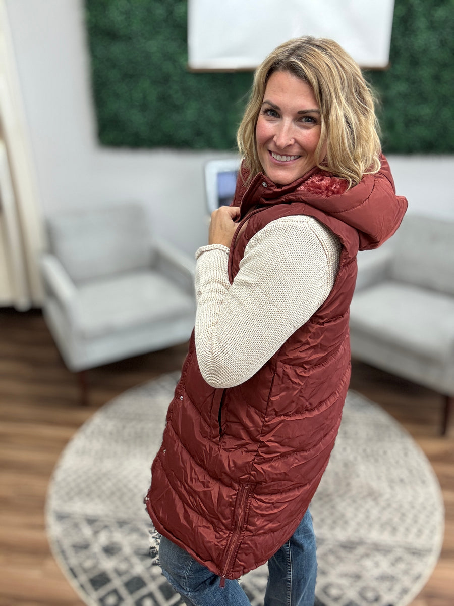 Long Puffer Vest with Hood - Terracota