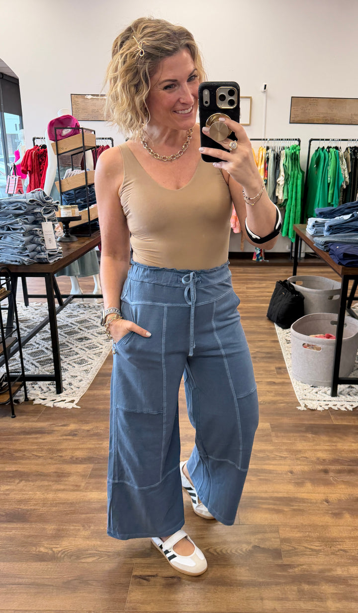 Washed Terry Wide Leg Pants - Vintage Blue