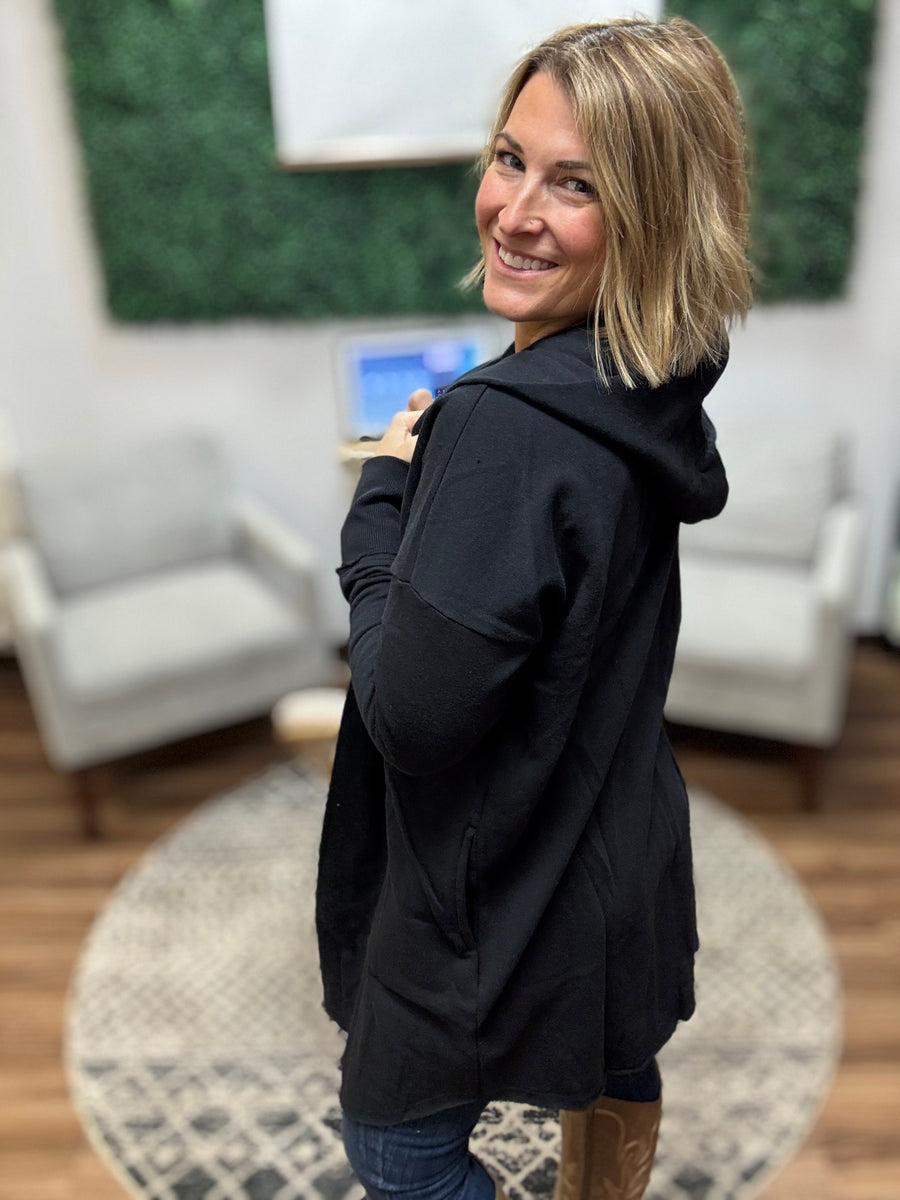 Open Front Longline Cardigan with Hoodie - Black