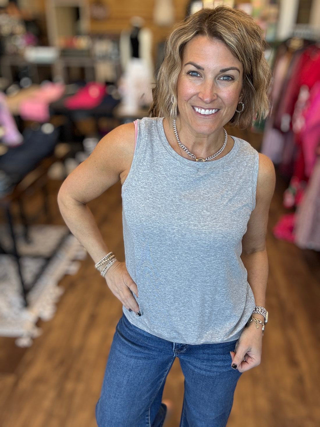 Ribbed Viscose Crew Neck Loose Fit Tank - Grey