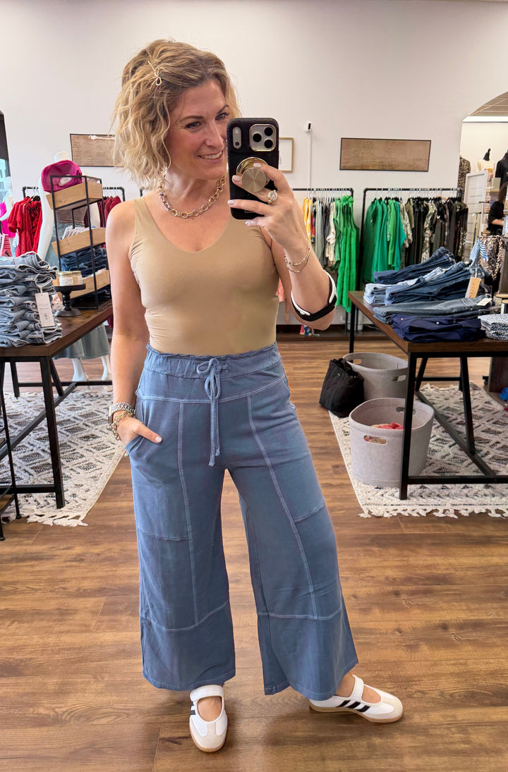 Washed Terry Wide Leg Pants - Vintage Blue