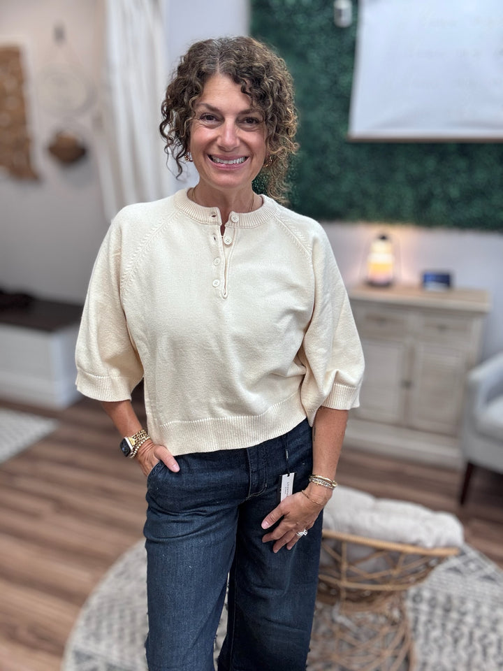 Buttoned Up Short Sleeve Sweater - Ecru