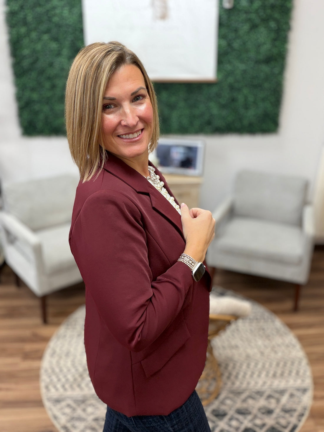 Eco-Friendly Recycled Poly Shirred Sleeve Blazer - Burgundy