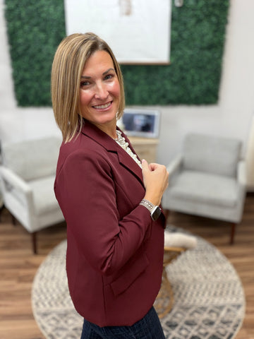 Eco-Friendly Recycled Poly Shirred Sleeve Blazer - Burgundy