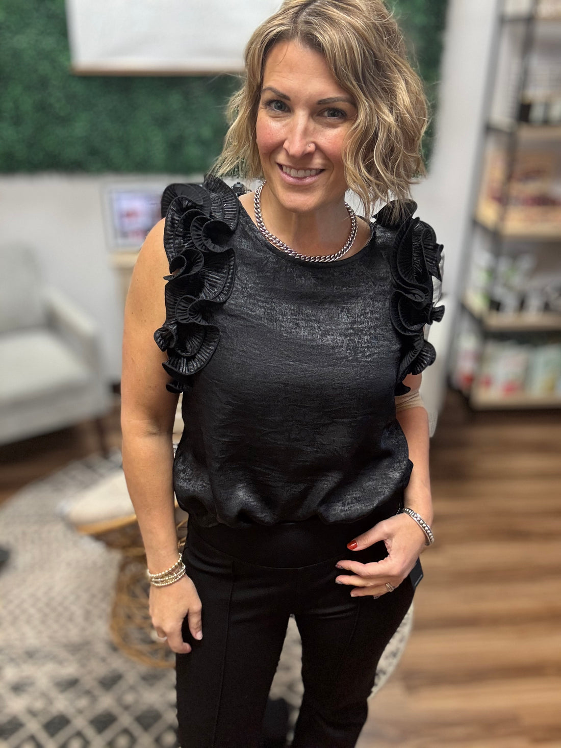 Pleated Ruffle Trim Metallic Top - Black