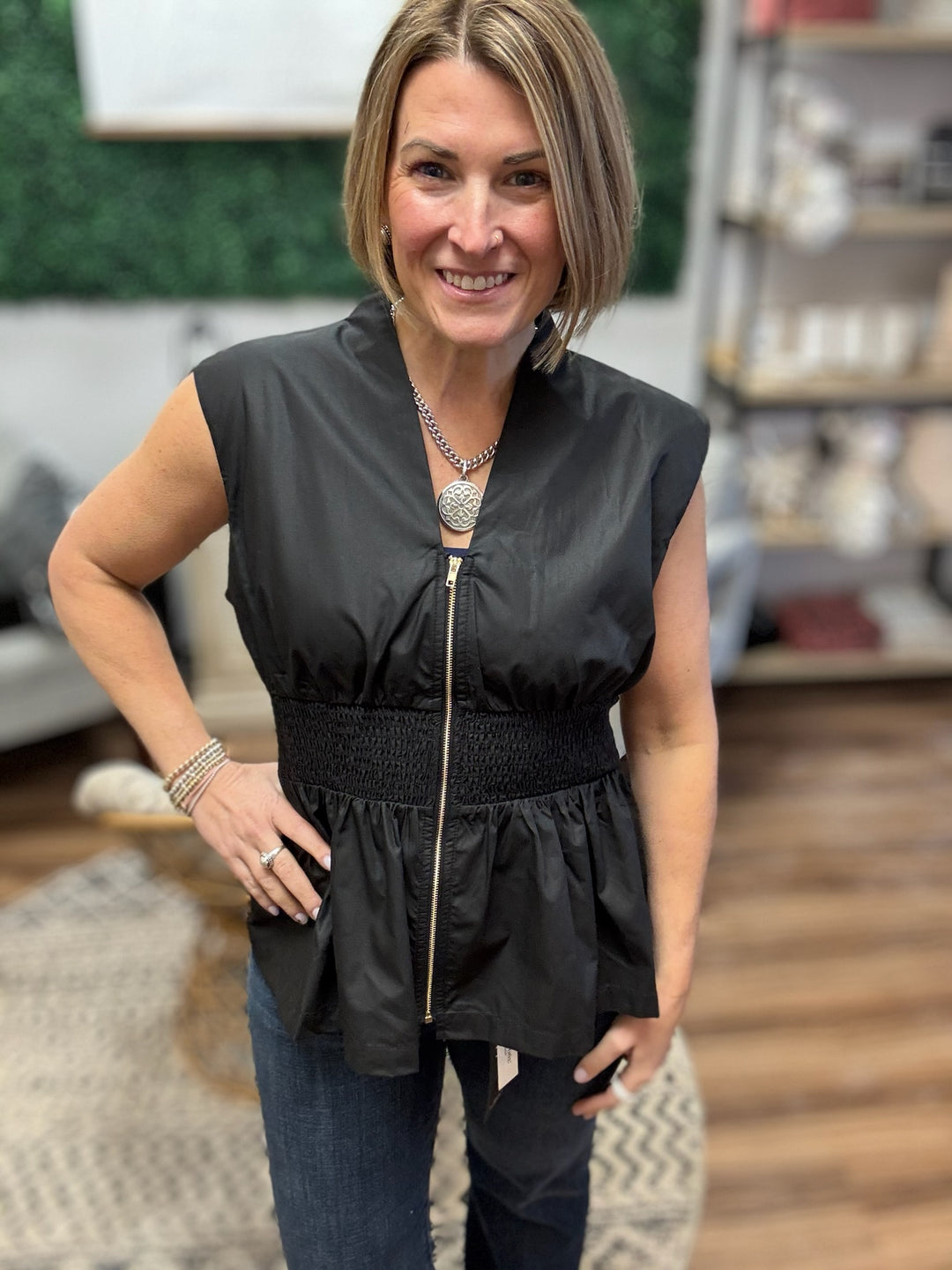 Zip It &amp; Go Smocked Peplum Top - Black