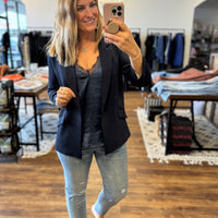 Eco-Friendly Recycled Poly Shirred Sleeve Blazer - Navy