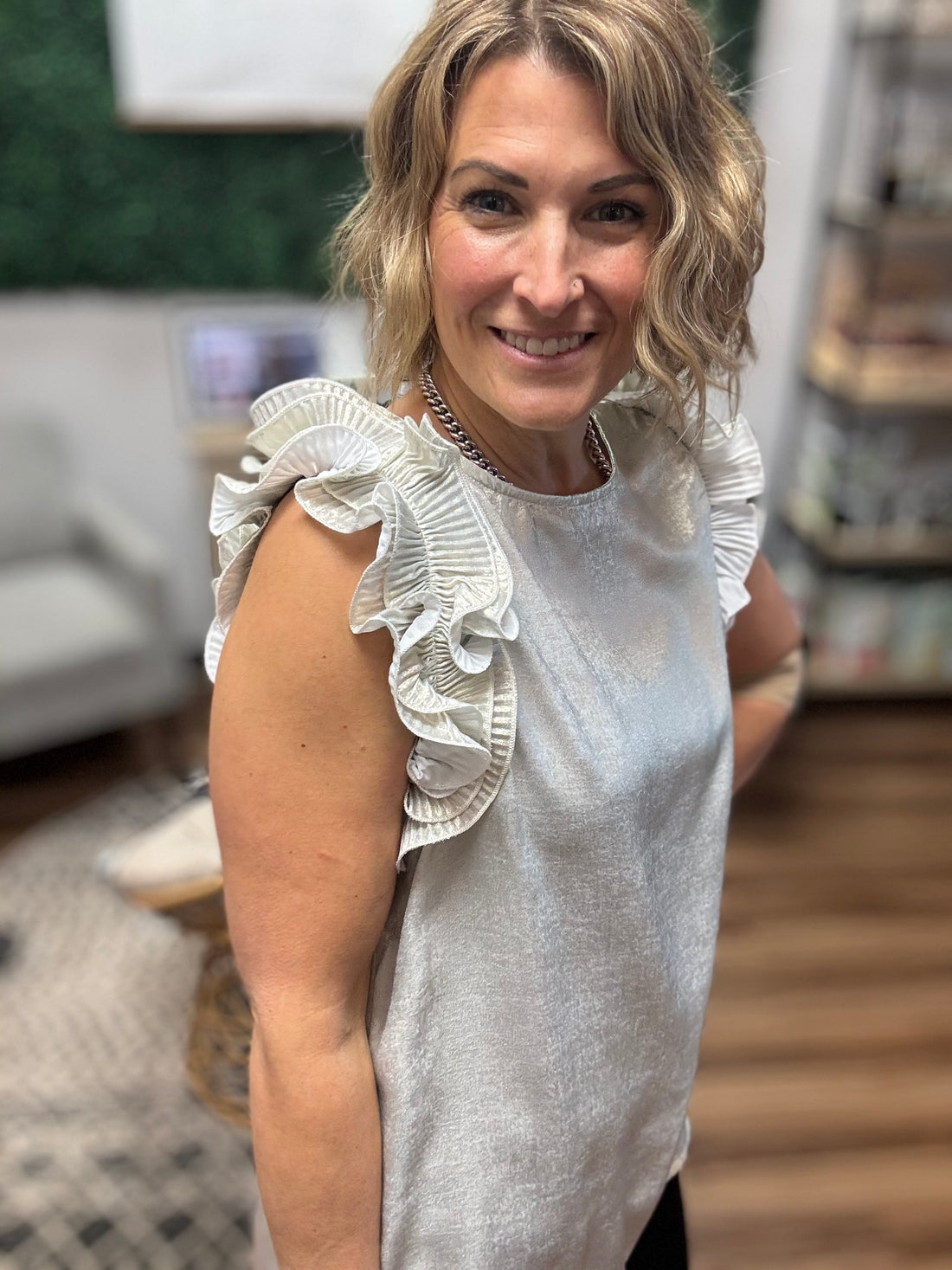 Pleated Ruffle Trim Metallic Top - Champagne