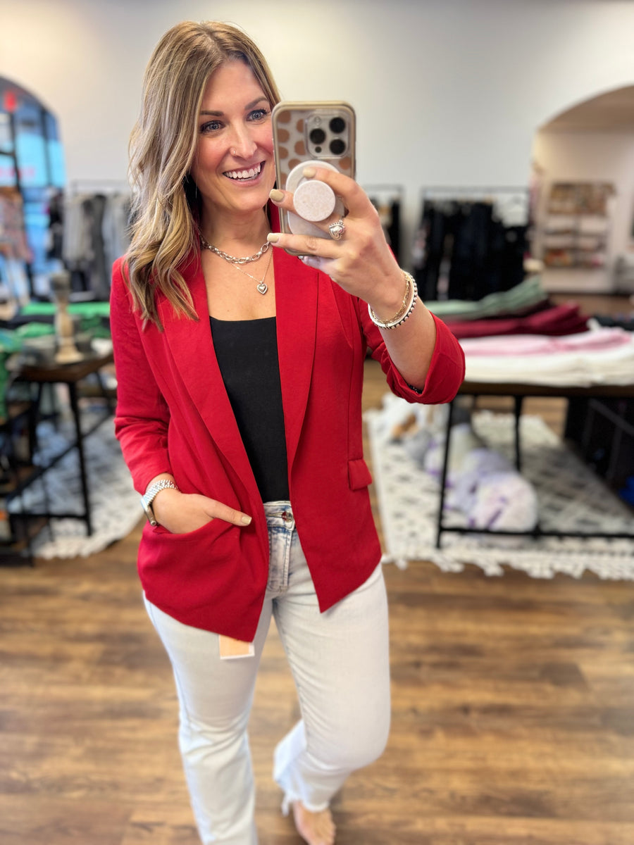 Eco-Friendly Recycled Poly Shirred Sleeve Blazer - True Red