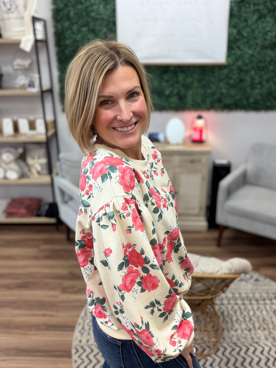 Floral French Terry Pullover with Balloon Sleeves