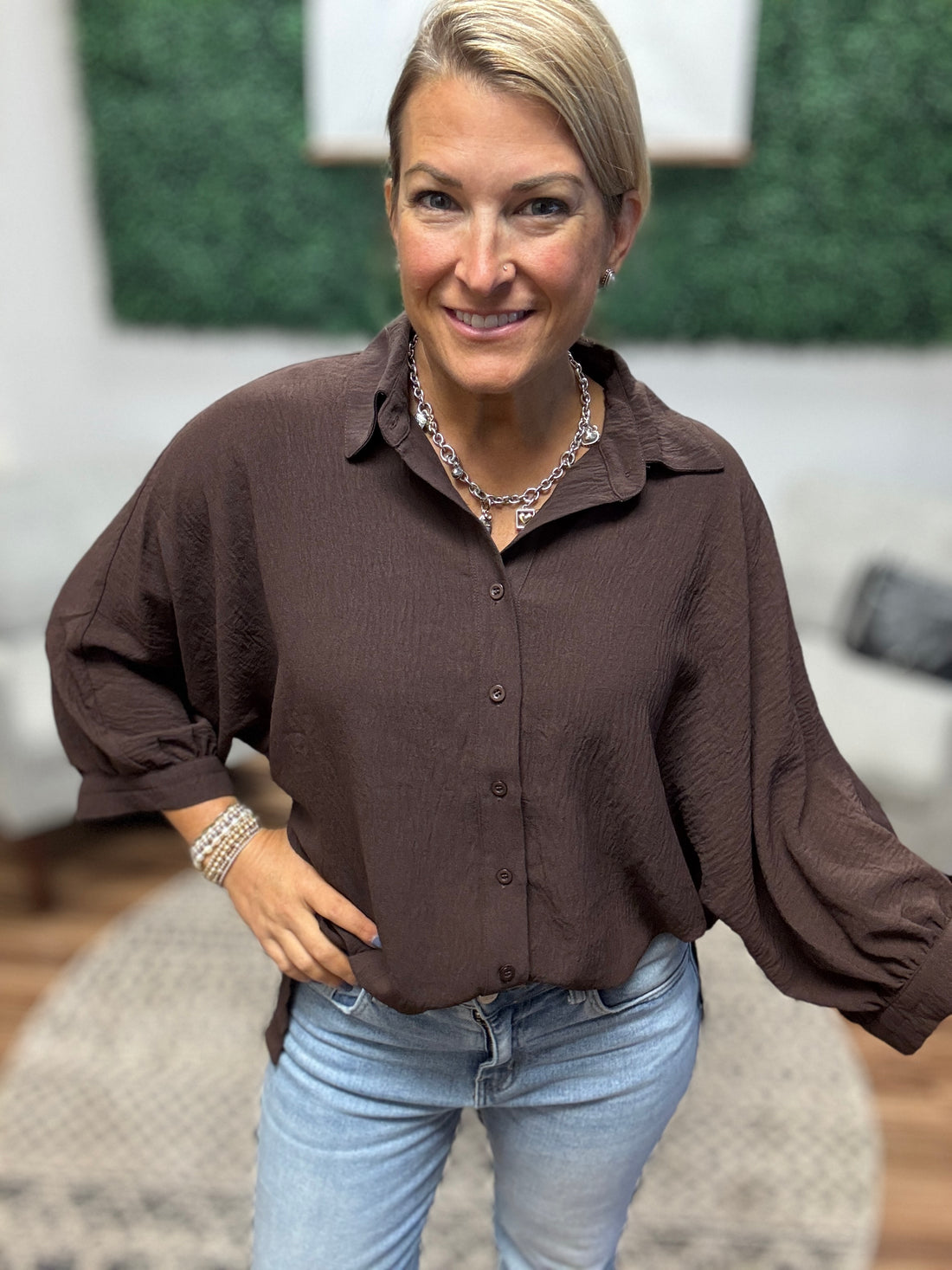 Sloane Button Up Dolman Top - Chocolate