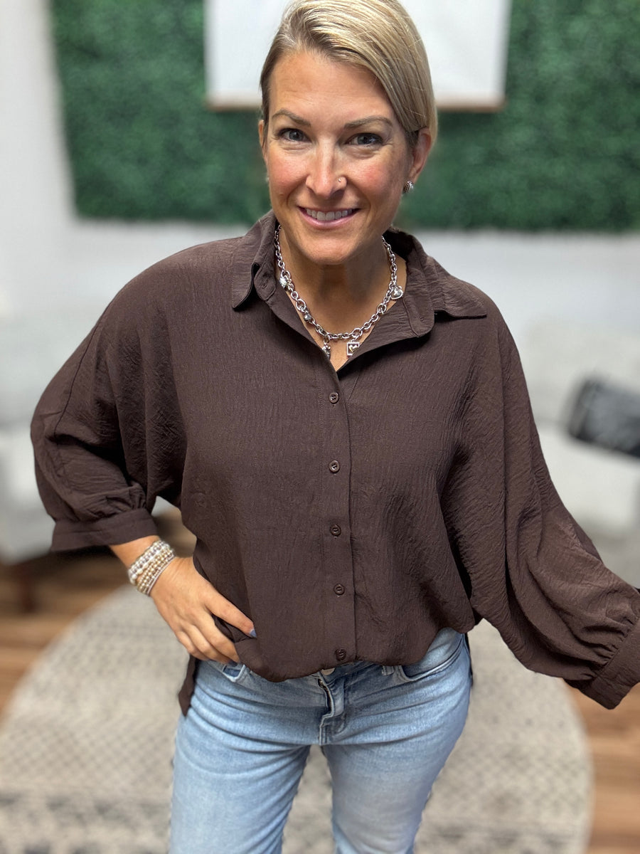 Sloane Button Up Dolman Top - Chocolate