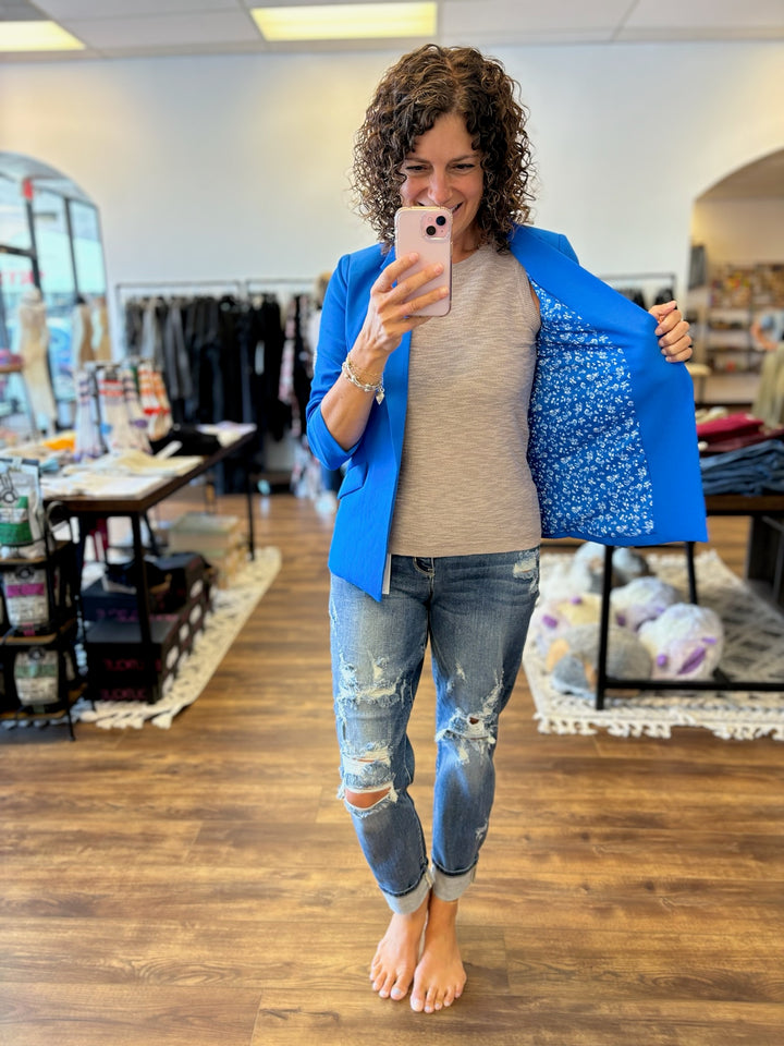 Eco-Friendly Recycled Poly Shirred Sleeve Blazer - Electric Blue