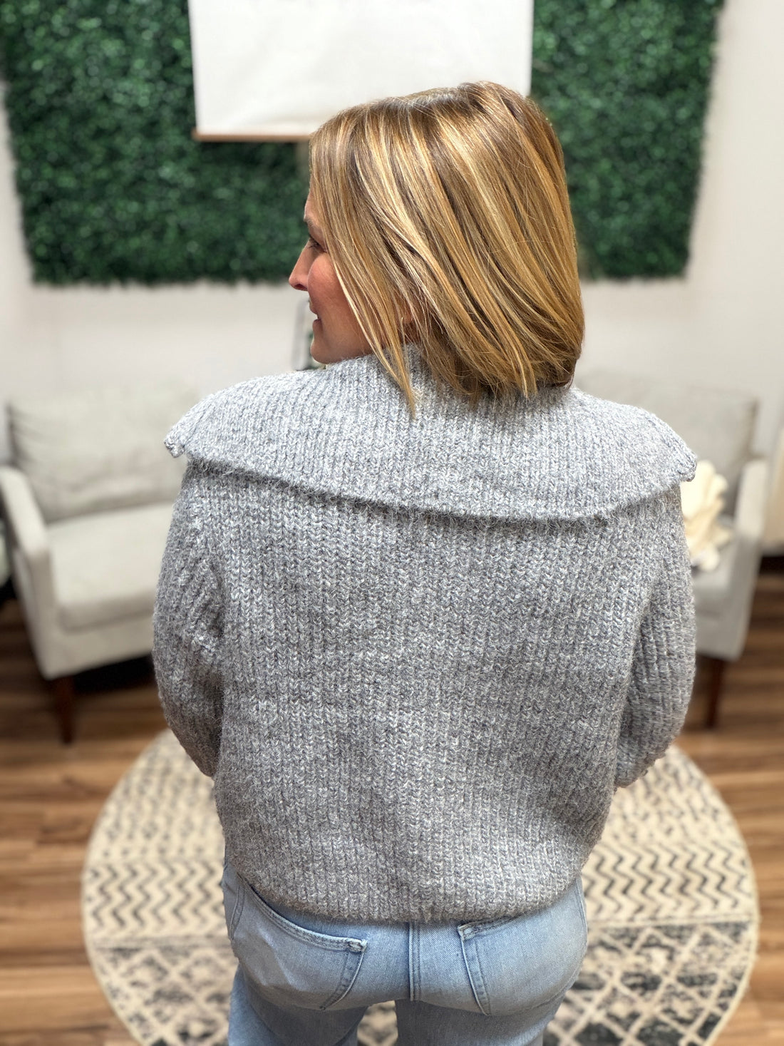 High Neck Full Zip Sweater - Heather Grey