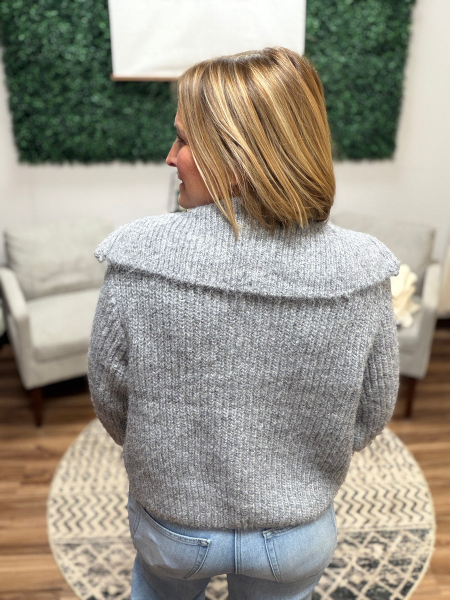 High Neck Full Zip Sweater - Heather Grey