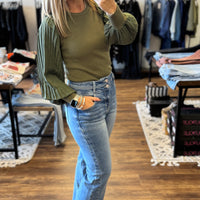 Mixed Media Pleated Long Sleeve Top - Olive