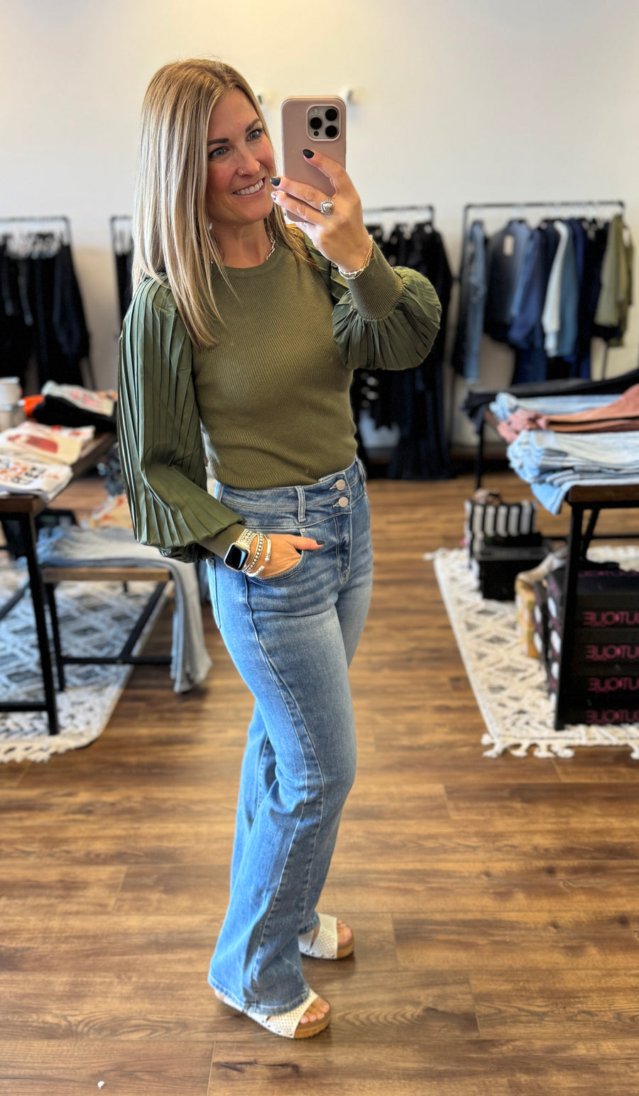 Mixed Media Pleated Long Sleeve Top - Olive