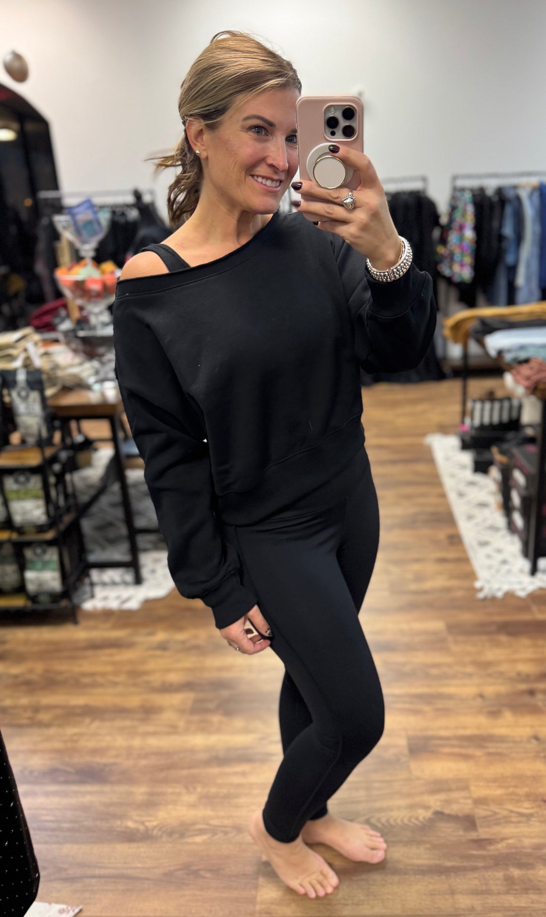 Fleece Off Shoulder Pullover - Black