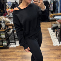 Fleece Off Shoulder Pullover - Black