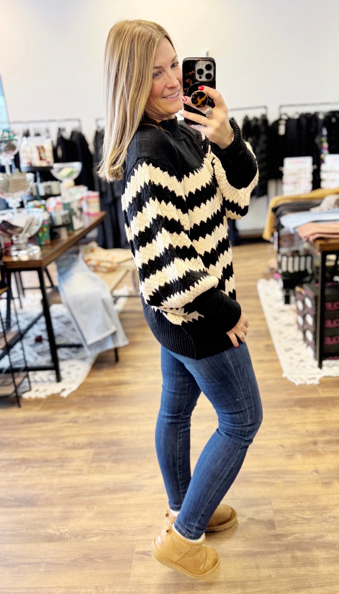 Striped Sweater with Balloon Sleeves - Black