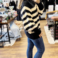 Striped Sweater with Balloon Sleeves - Black