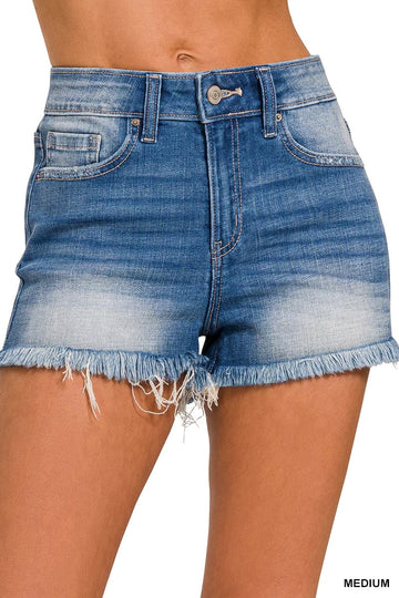 Zenana - Mid Rise Frayed Hem Denim Shorts