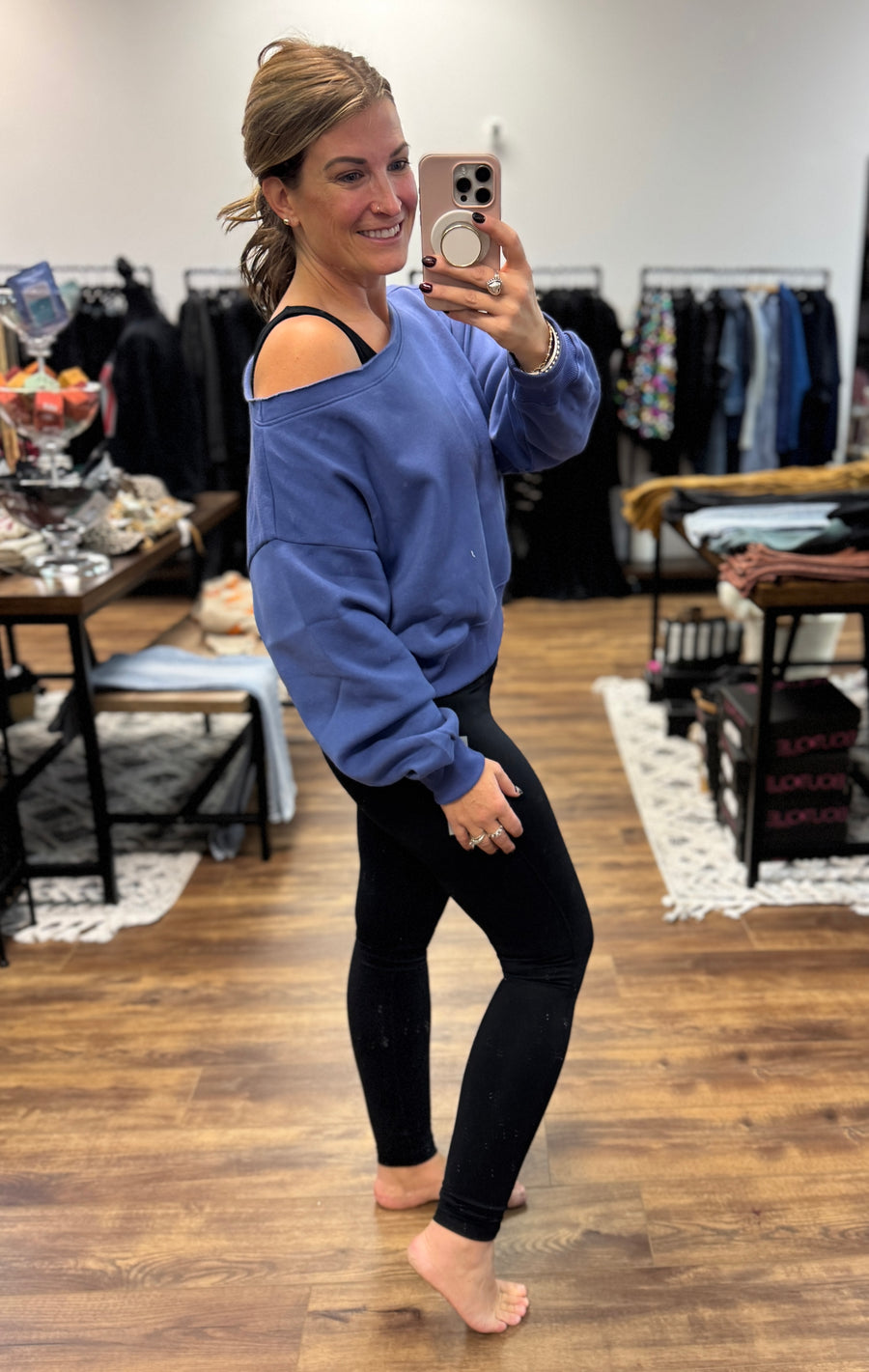 Fleece Off Shoulder Pullover - Marlin