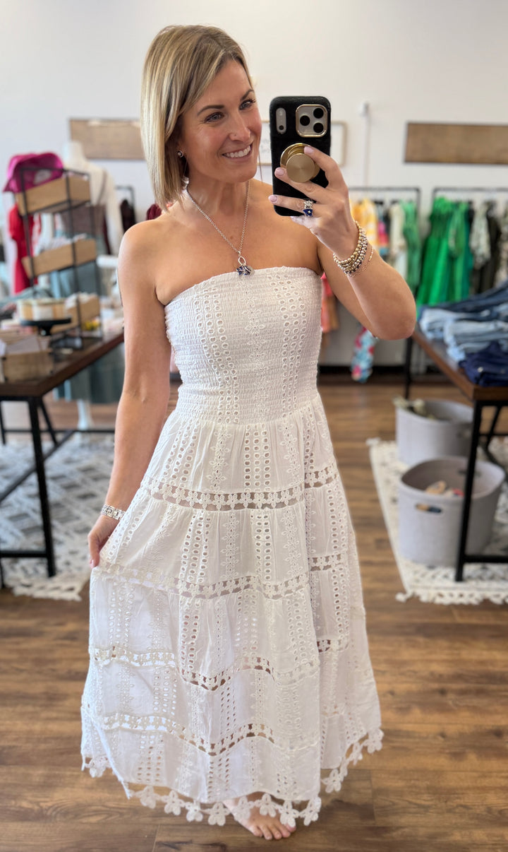 Strapless Smocked Eyelet Maxi Dress